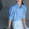 HT-7399法式蓝色短袖泡泡袖衬衫女夏季设计感小众衬衣冷淡系独特别致上衣 商品缩略图0