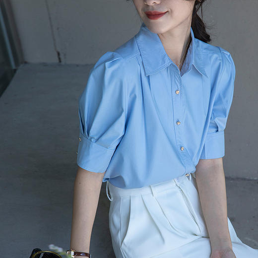 HT-7399法式蓝色短袖泡泡袖衬衫女夏季设计感小众衬衣冷淡系独特别致上衣 商品图0