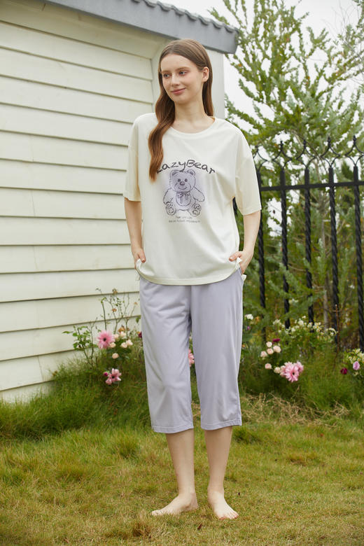 【满2件/99元】【秀黛】女圆领休闲小熊短袖套装女士夏季短袖睡衣家居服L2551043T【门店同款】【如遇缺货自动退款，介意勿拍】 商品图1