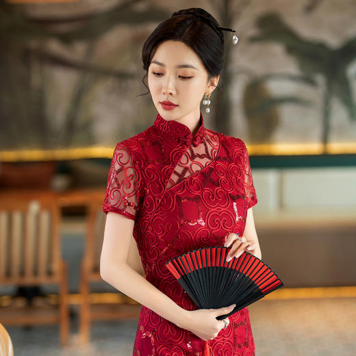 SYG-793礼服新中式旗袍3分袖旗袍女春秋款复古修身2024年新款旗袍 商品图4