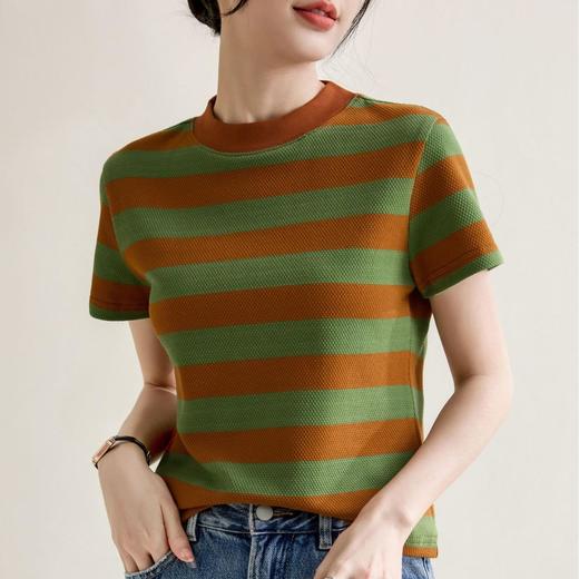 韩系多巴胺肌理感圆领短袖棉T恤女2024春夏新款条纹撞色小众上衣 商品图2