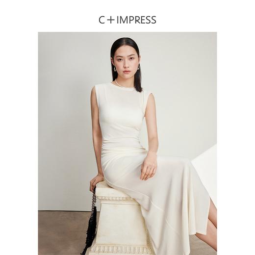 西嘉C+IMPRESS/西嘉水波纹长款名媛连衣裙女气质圆领收腰显瘦褶皱醋酸LYQ2401100 商品图3