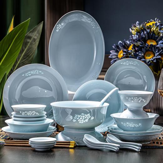 富玉 |  景德镇高温玲珑瓷青釉玉牡丹釉下餐具组合装礼盒装 商品图0