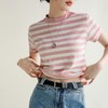 韩系小众圆领肌理感撞色条纹短袖T恤女2024春夏新款设计感上衣 商品缩略图1