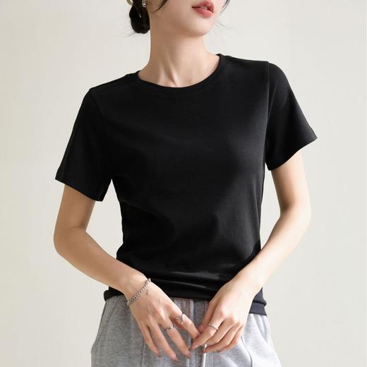 纯色正肩修身圆领棉短袖T恤女2024春夏新款气质内搭套头上衣 商品图1