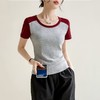 凉感螺纹撞色圆领修身棉T恤女2024春夏新款高弹内搭显瘦上衣 商品缩略图1