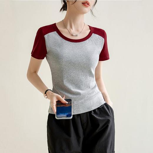 凉感螺纹撞色圆领修身棉T恤女2024春夏新款高弹内搭显瘦上衣 商品图1