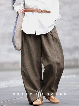 绿野 100%汉麻色织半松紧宽松阔腿西裤