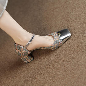 【预售5天】小香风方头粗跟包头凉鞋，法式真皮拼色中跟玛丽珍一字带高跟鞋SLK&Y320