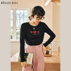 OLrain欧芮儿法式黑色长袖T恤女春季2024年新款爱心刺绣休闲上衣