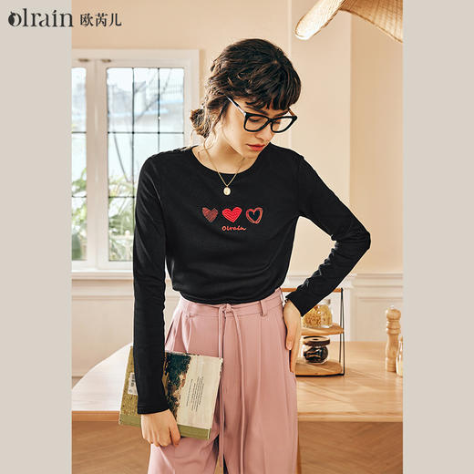 OLrain欧芮儿法式黑色长袖T恤女春季2024年新款爱心刺绣休闲上衣 商品图0