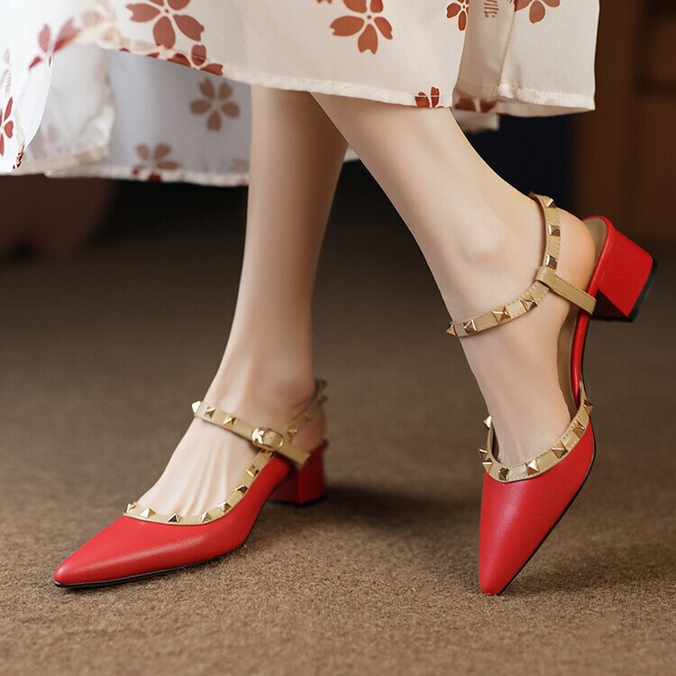 【预售5天】新款包头凉鞋女尖头中跟鞋铆钉粗跟玛丽珍鞋拼色牛皮鞋HYDD&C-2325