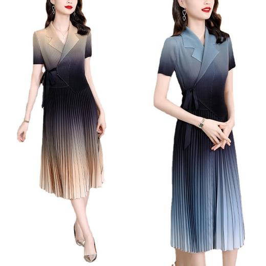 NYL-02112夏季新款时尚洋气西装领渐变溢彩百褶修身中长裙 商品图4