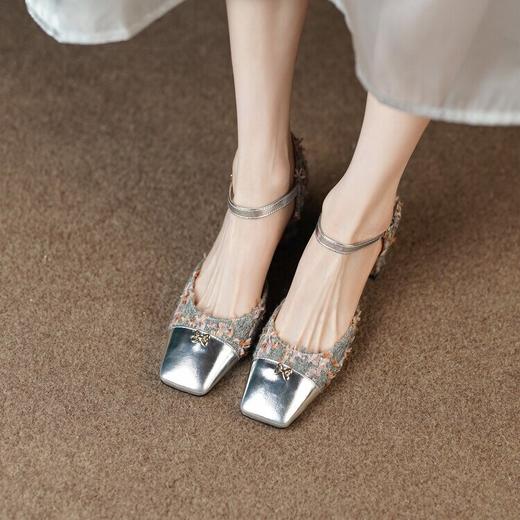 【预售5天】小香风方头粗跟包头凉鞋，法式真皮拼色中跟玛丽珍一字带高跟鞋SLK&Y320 商品图3