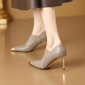 OLDS109-898法式优雅金属头高跟鞋尖头细跟气质深口单鞋