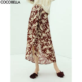 【有赞】COCOBELLA设计感飘带高腰印花半身裙夏前短后长遮胯长裙HS93