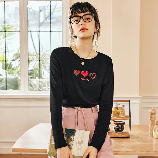OLrain欧芮儿法式黑色长袖T恤女春季2024年新款爱心刺绣休闲上衣 商品图4