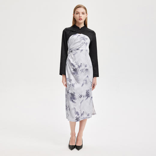 PF827斯尔丽24新款改良旗袍披肩配吊带撞色水墨画国风时尚减龄连衣裙 商品图3