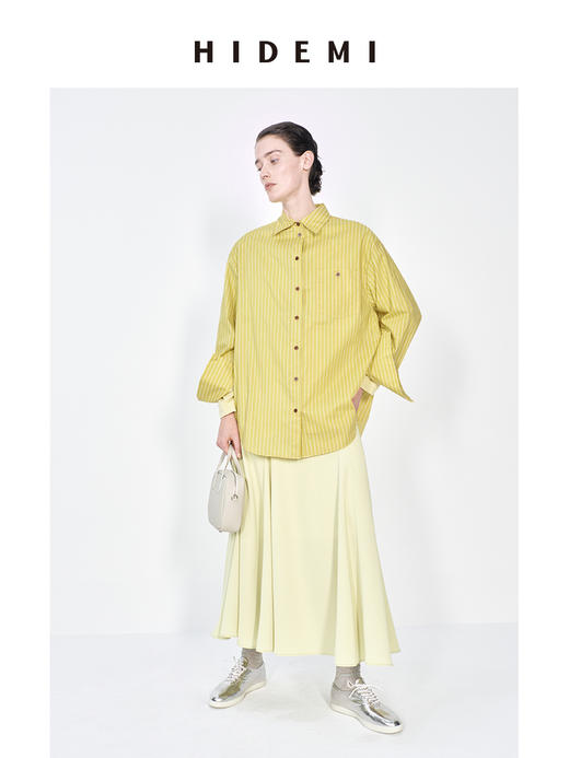 HIDEMI 极简设计感纽扣条纹口袋廓形衬衫 白色/牛油果绿 商品图4