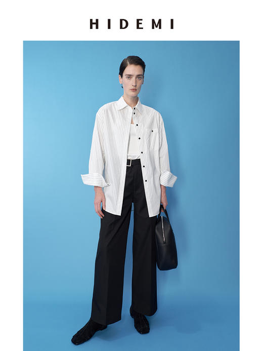 HIDEMI 极简设计感纽扣条纹口袋廓形衬衫 白色/牛油果绿 商品图7