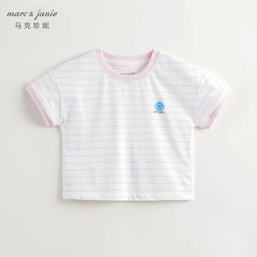 【凉感透气】马克珍妮女童撞色条纹卡通短袖T恤夏装新款240772 商品图1
