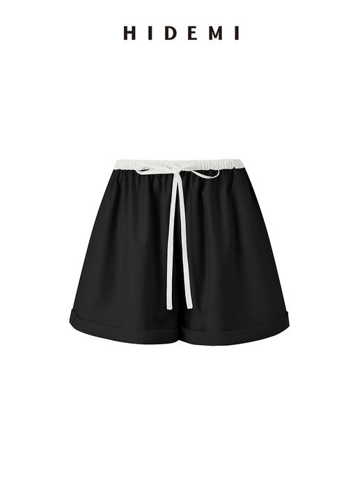 HIDEMI 极简拼接抽绳设计感显瘦卷边短裤 黑色/燕麦色 商品图6