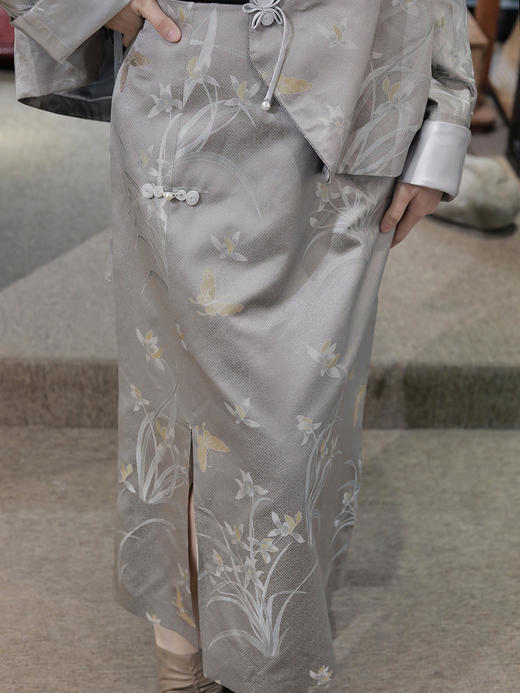 盛唐牡丹 |银灰宋锦兰花纹半裙 商品图0