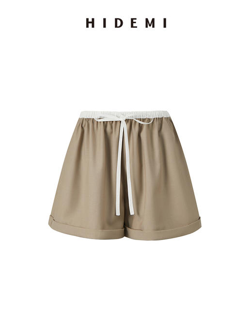 HIDEMI 极简拼接抽绳设计感显瘦卷边短裤 黑色/燕麦色 商品图5