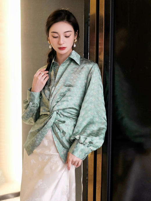 盛唐牡丹 |豆绿金丝格纹真丝扭结上衣 商品图3