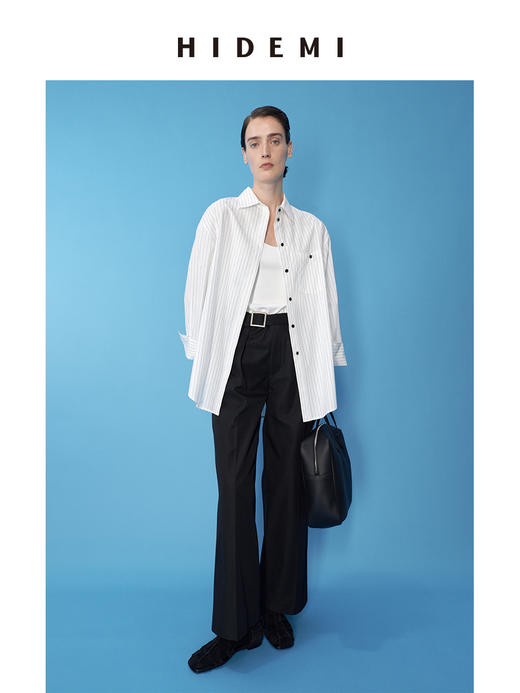 HIDEMI 极简设计感纽扣条纹口袋廓形衬衫 白色/牛油果绿 商品图6