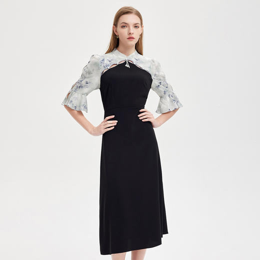 PF825斯尔丽24新款中国风改良式旗袍撞色拼接喇叭收腰优雅时尚连衣裙 商品图0