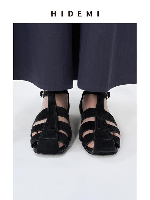 HIDEMI 编织镂空设计感复古罗马凉鞋 黑色麂皮/棕色牛皮 商品图7