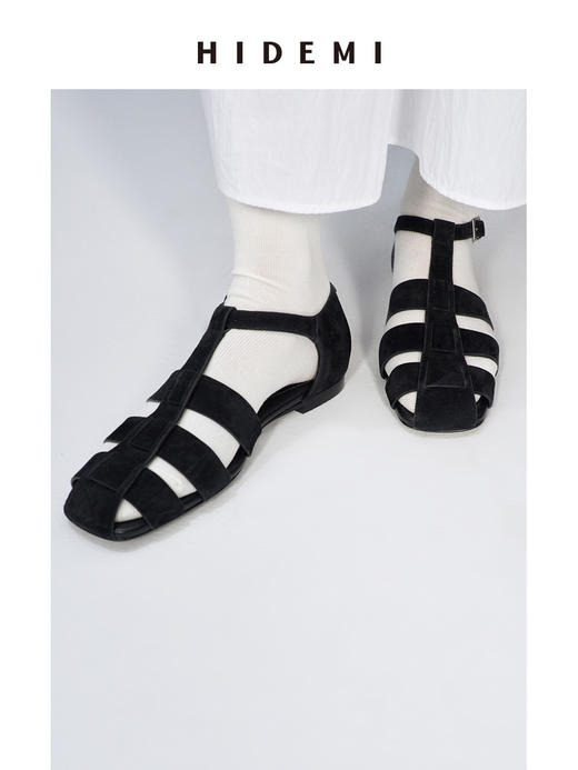 HIDEMI 编织镂空设计感复古罗马凉鞋 黑色麂皮/棕色牛皮 商品图6