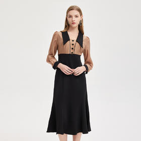 PF828斯尔丽24新款撞色尖领办公室白领气质优雅连衣裙