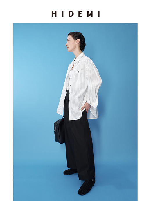 HIDEMI 极简设计感纽扣条纹口袋廓形衬衫 白色/牛油果绿 商品图8
