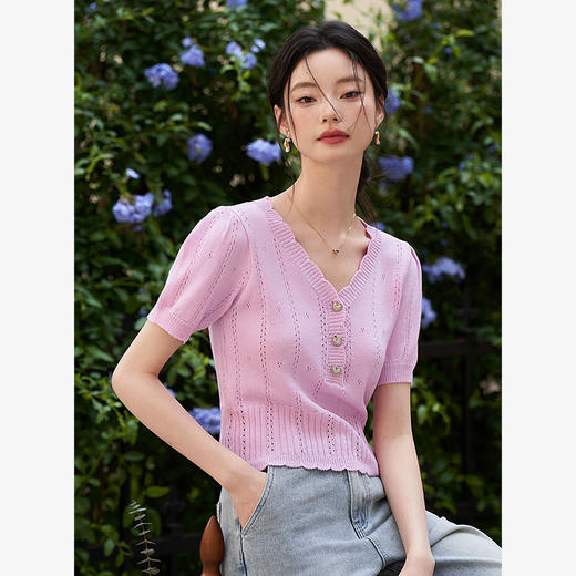 通勤风气质甜美花边短款针织衫女春夏季短款收腰V领毛衣V1040779/V0051036 商品图2