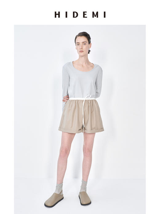 HIDEMI 极简拼接抽绳设计感显瘦卷边短裤 黑色/燕麦色 商品图4