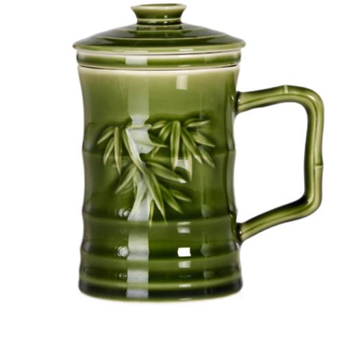 乾唐轩活瓷杯竹节三件杯带茶漏带手柄泡茶杯办公杯带盖陶瓷杯 商品图2