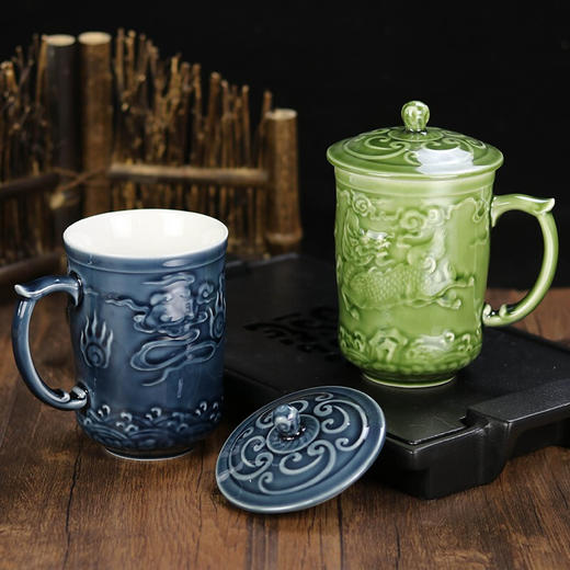 【清仓特惠5折】乾唐轩活瓷吉祥麒麟高杯创意带盖带把手陶瓷办公泡茶水杯子商务礼品杯送长辈 宝石蓝 商品图2