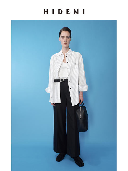 HIDEMI 极简设计感纽扣条纹口袋廓形衬衫 白色/牛油果绿 商品图9