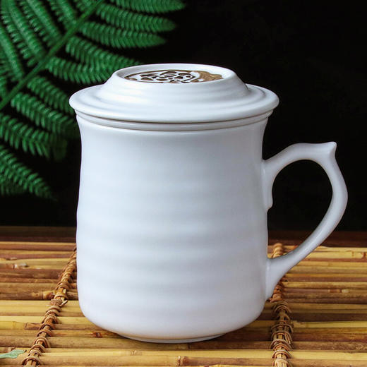 乾唐轩活瓷杯 心动高杯浪纹鎏金三件杯茶杯盖杯带茶漏送礼 白+金 商品图0