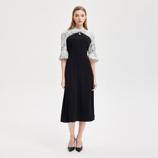 PF825斯尔丽24新款中国风改良式旗袍撞色拼接喇叭收腰优雅时尚连衣裙 商品图3