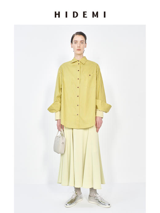 HIDEMI 极简设计感纽扣条纹口袋廓形衬衫 白色/牛油果绿 商品图1