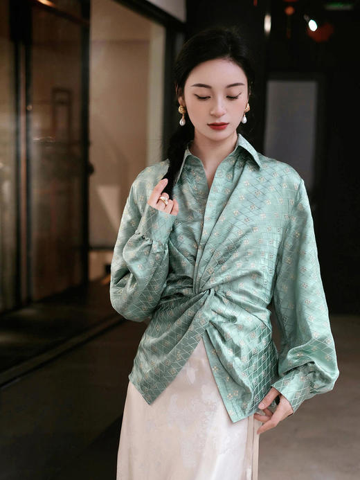 盛唐牡丹 |豆绿金丝格纹真丝扭结上衣 商品图9