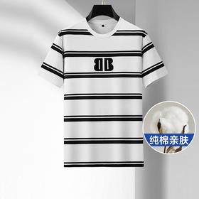 【纯棉】【新款DDA】大依优型大码条纹短袖T恤圆领加肥加大男装大号大码上衣男士休闲半袖夏季