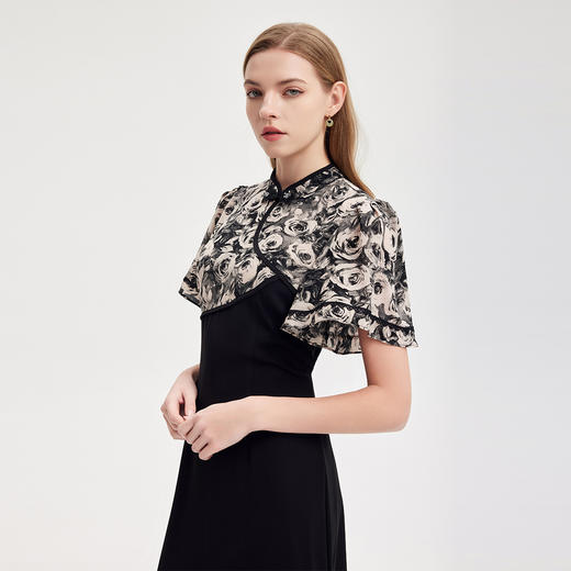 PF826斯尔丽2024新款国风改良版旗袍滚边撞花色不对称收腰A摆连衣裙 商品图2