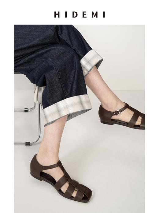 HIDEMI 编织镂空设计感复古罗马凉鞋 黑色麂皮/棕色牛皮 商品图4