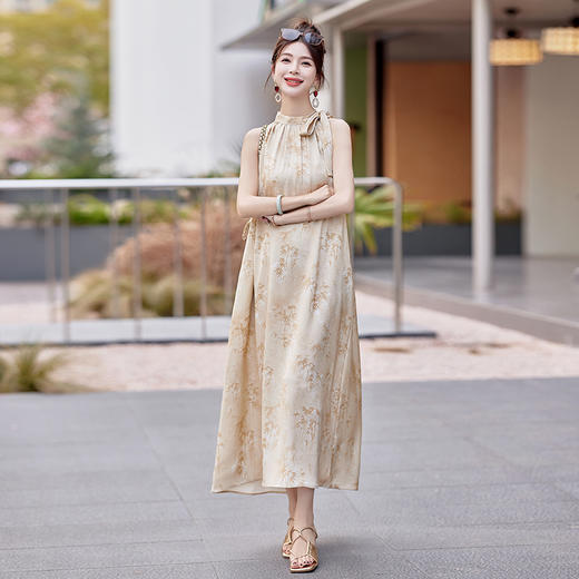 优雅大方，新中式暗纹竹节无袖落肩挂脖式可系带连衣裙HR-NSYY8871 商品图6