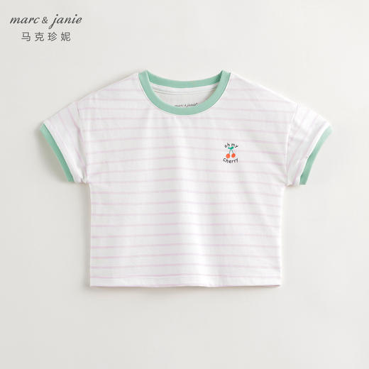 【凉感透气】马克珍妮女童撞色条纹卡通短袖T恤夏装新款240772 商品图0