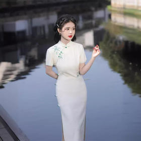 针织提花刺绣竹子，中长款新中式旗袍SJT-611